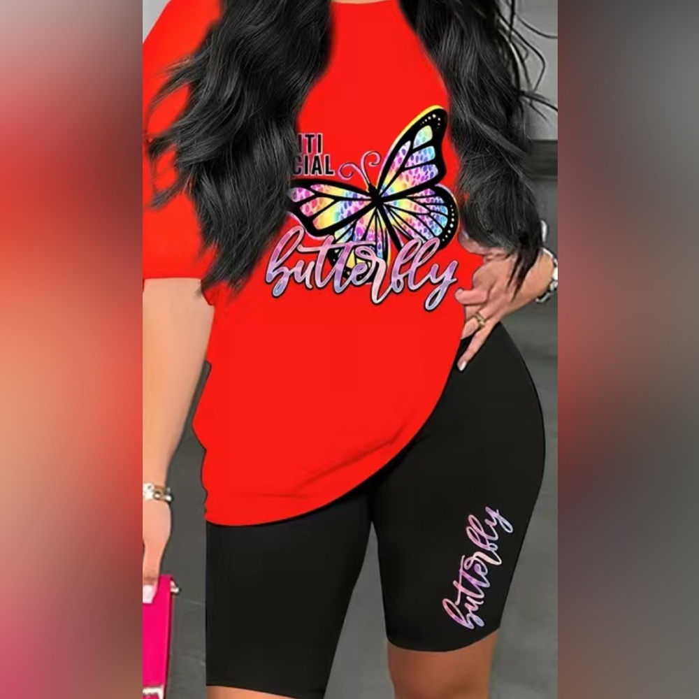 A) Orange Butterfly Graphic Tee and Black Shorts Set.  Size Medium. NWOT